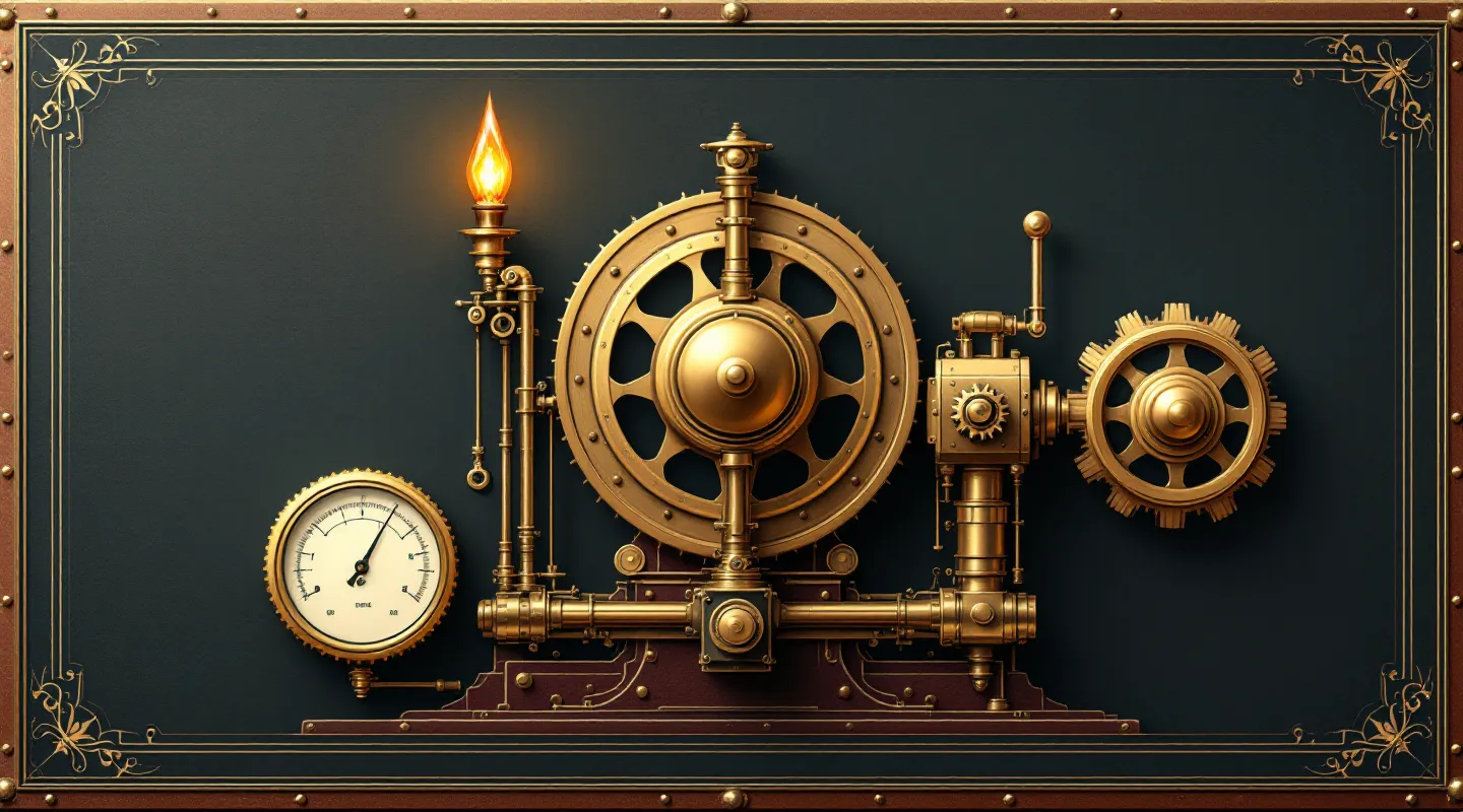 Flat machined schematic of a brass Victorian flyball governor over an oxblood chamber, connected by a copper belt to a gear cluster, with a verdigris-teal gauge needle declining across its arc to represent MOTS-c declining with age, on a gunmetal ground