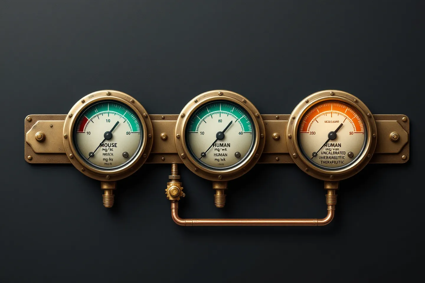 Flat machined bank of three brass pressure gauges on a riveted rail showing a mouse mg/kg dial, a human mg/week dial, and an uncalibrated therapeutic dial with a gas-lamp-orange needle, connected by a copper supply pipe on a gunmetal ground
