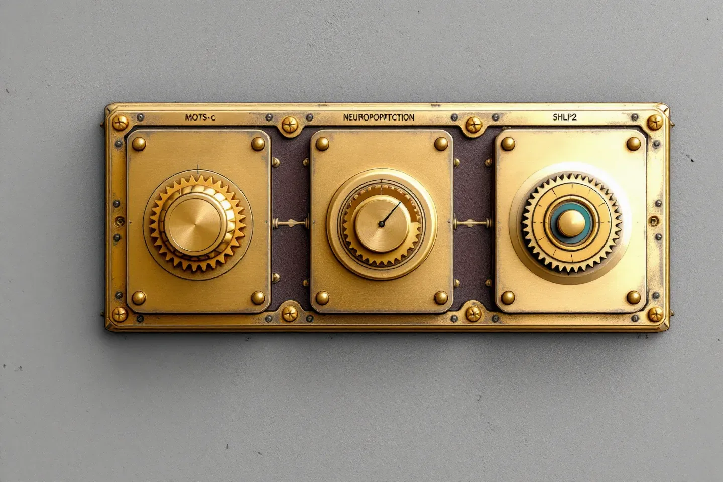 Flat machined schematic of three brass instrument plates labelled MOTS-c, Humanin, and SHLP2 each carrying a distinct gear, all bolted into a single mitochondrial engine-block silhouette, on a boiler-iron ground