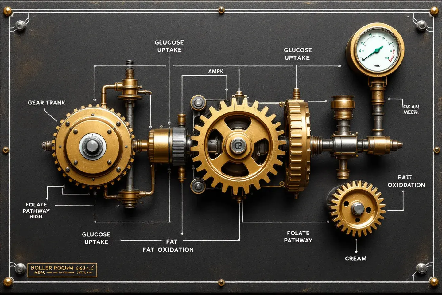 Flat machined transmission diagram showing a brass MOTS-c nameplate driving an AMPK gear-train via a copper shaft, branching to two brass gauges with verdigris-teal needles for glucose uptake and fat oxidation, with a small folate-pathway sub-gear, on a boiler-iron ground