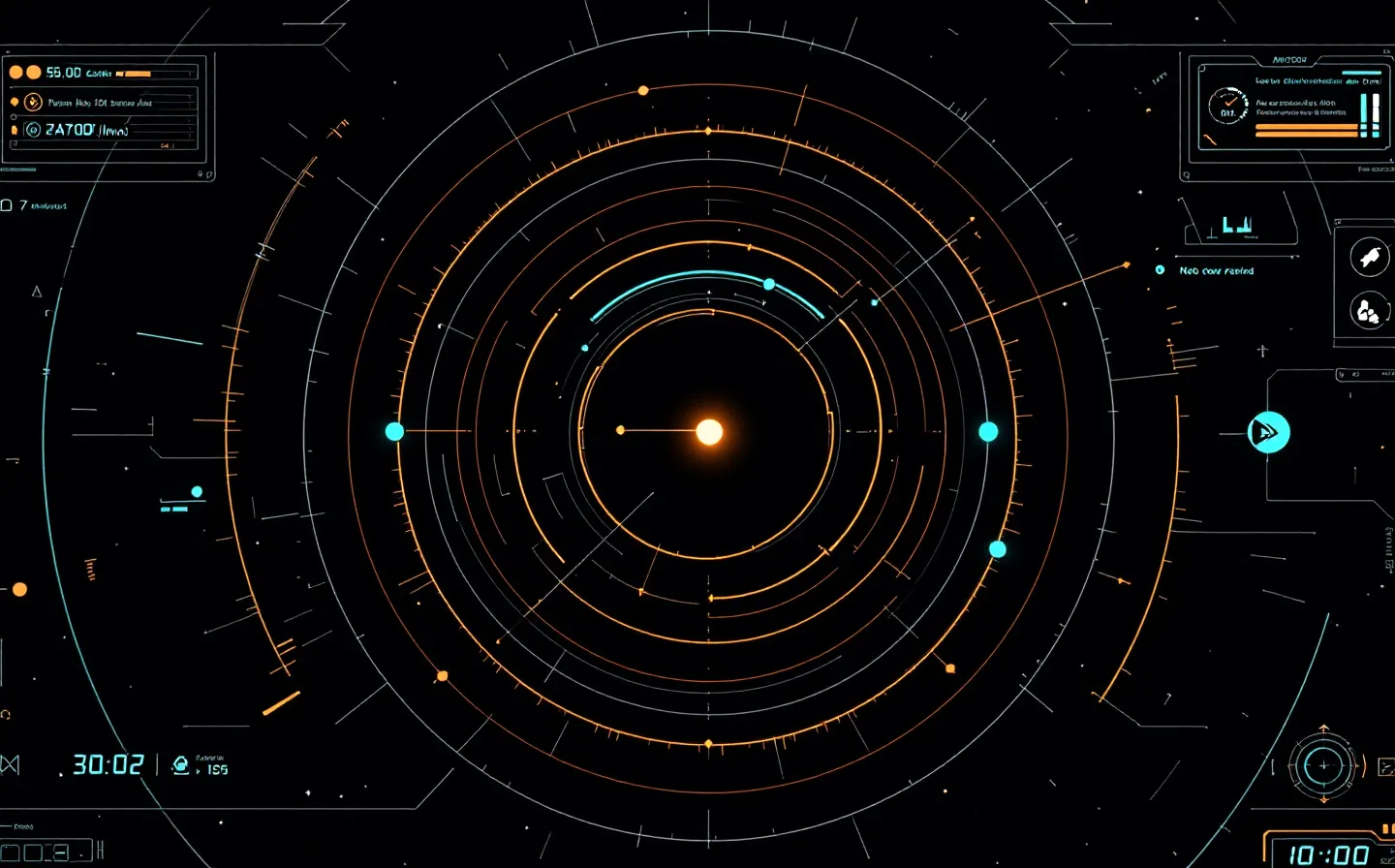 Amber-and-teal HUD targeting-reticle schematic with a central focal node ringed by concentric rings and three orbiting spoke-lines to node-markers, on a deep near-black ground