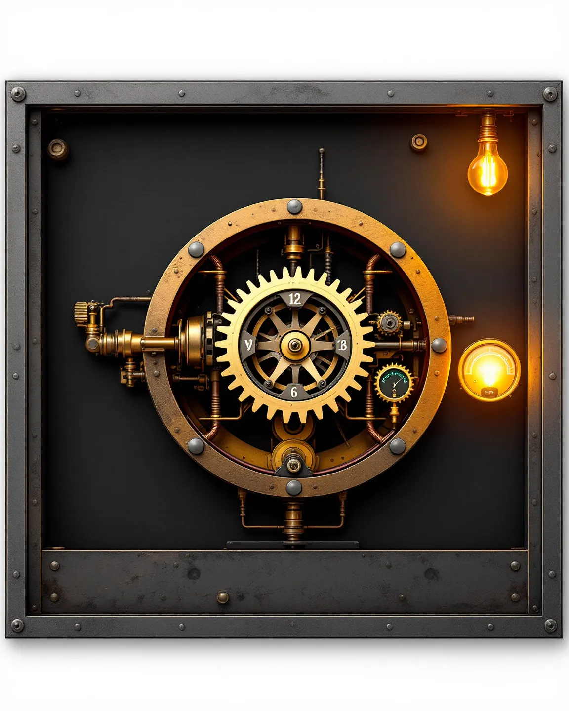 Flat machined schematic of a brass-and-copper clockwork engine standing in for the mitochondrion, with interlocking brass gears, an engraved MOTS-c key engaging the largest gear, and verdigris-teal gauge needles rising, on a gunmetal ground